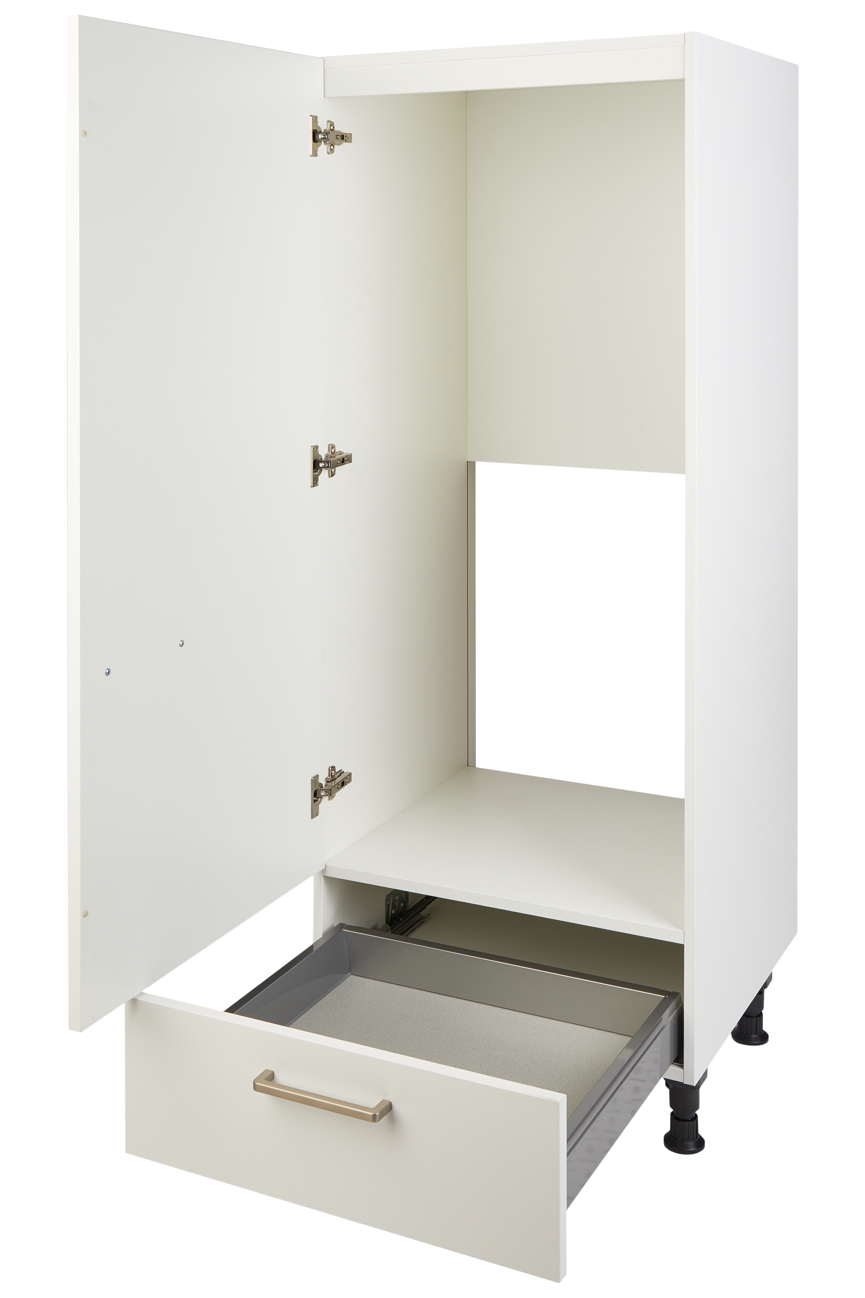 nobilia Highboard-Schrank für Kühlschrank mit Auszug geöffnet– Alpinweiß supermatt | Cityküchen24