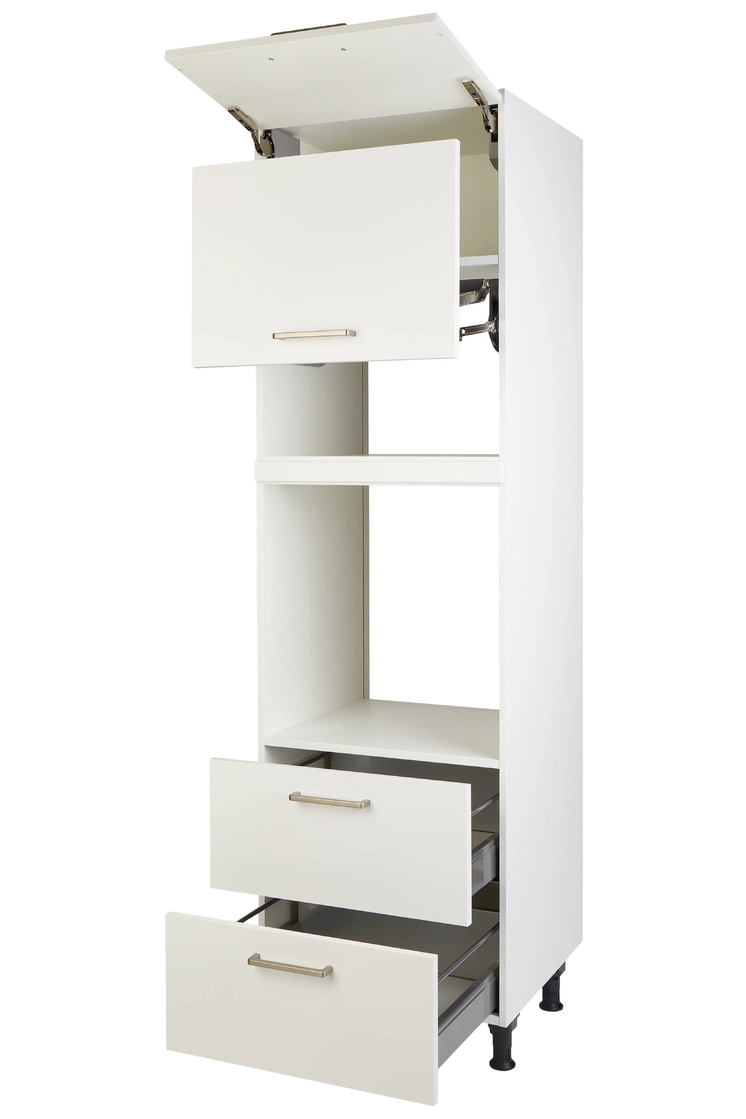 Geräte-Umbau für Backofen mit Lifttür für Mikrowelle, Klappe und Auszügen, Alpinweiss supermatt GLO2A1 nobilia Küchenschränke