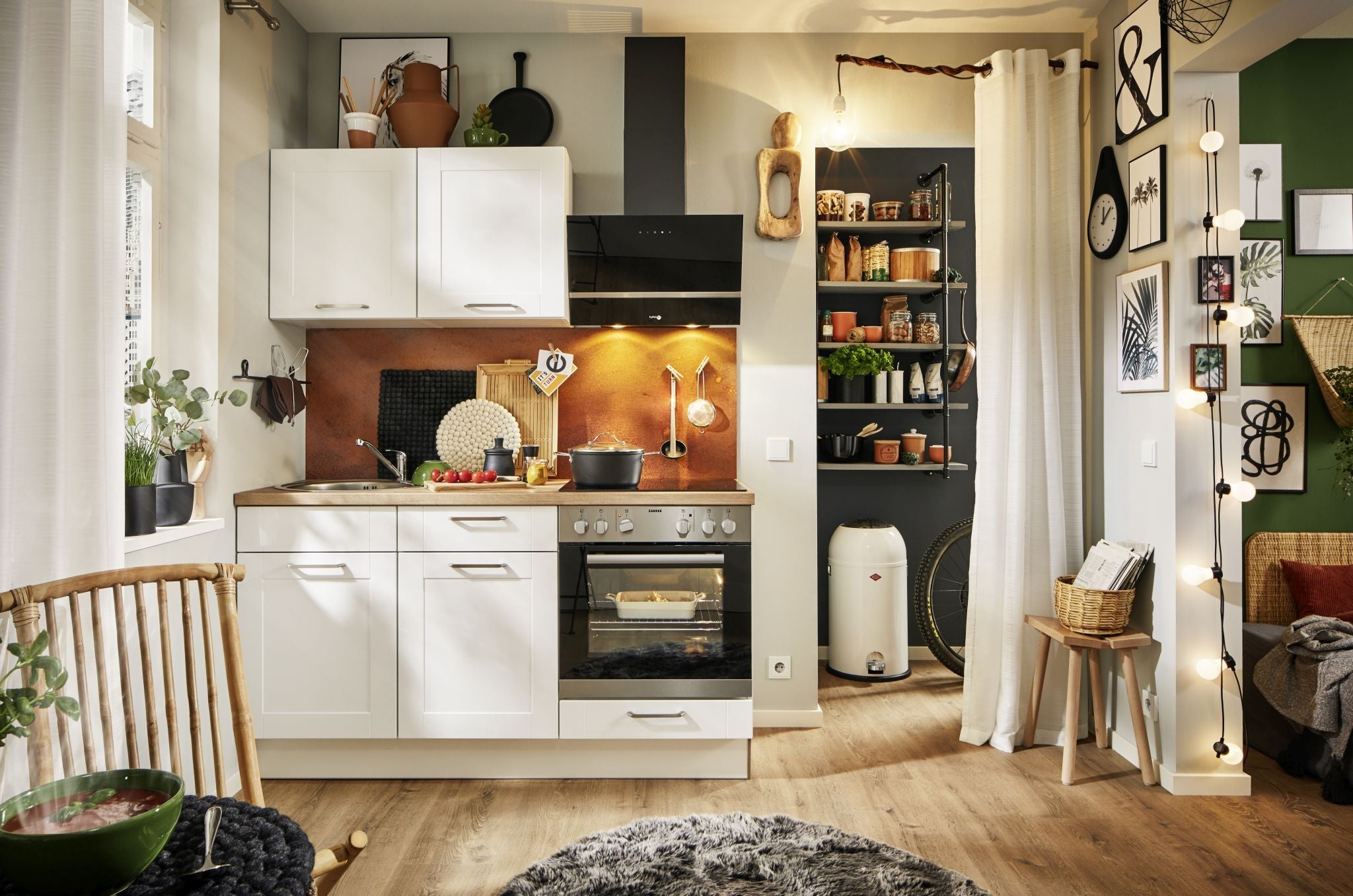 Single Küche Küchenzeile 160 cm, Schränke in Weiß matt Pino_Pino_CityKüchen24