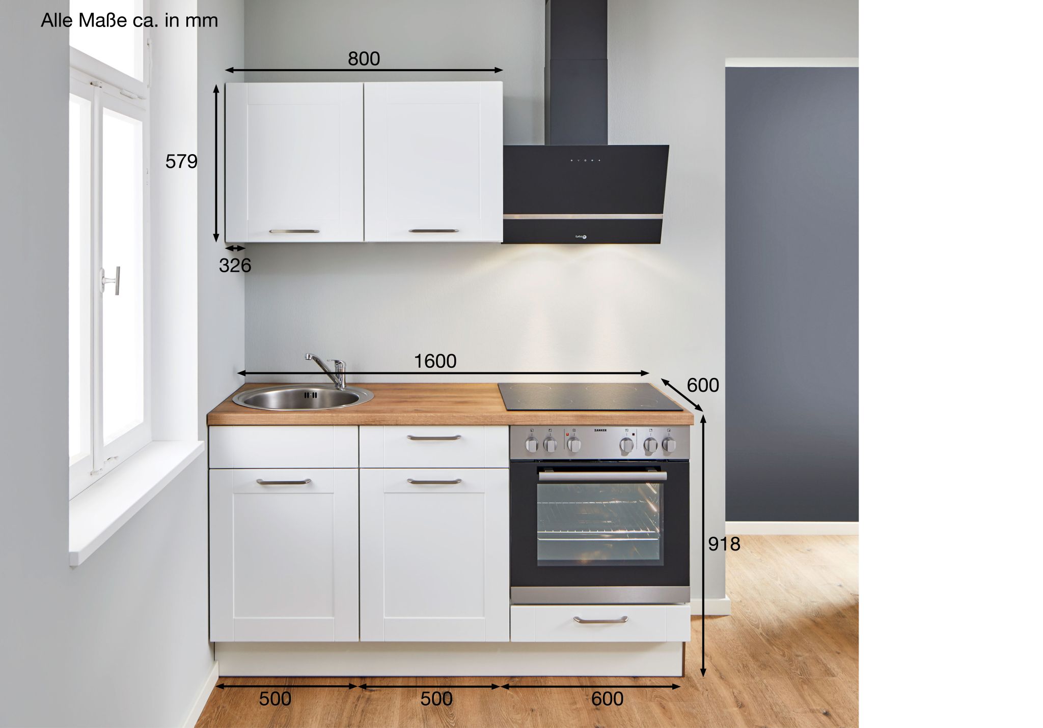 Single Küche Küchenzeile 160 cm, Schränke in Weiß matt Pino_Pino_CityKüchen24