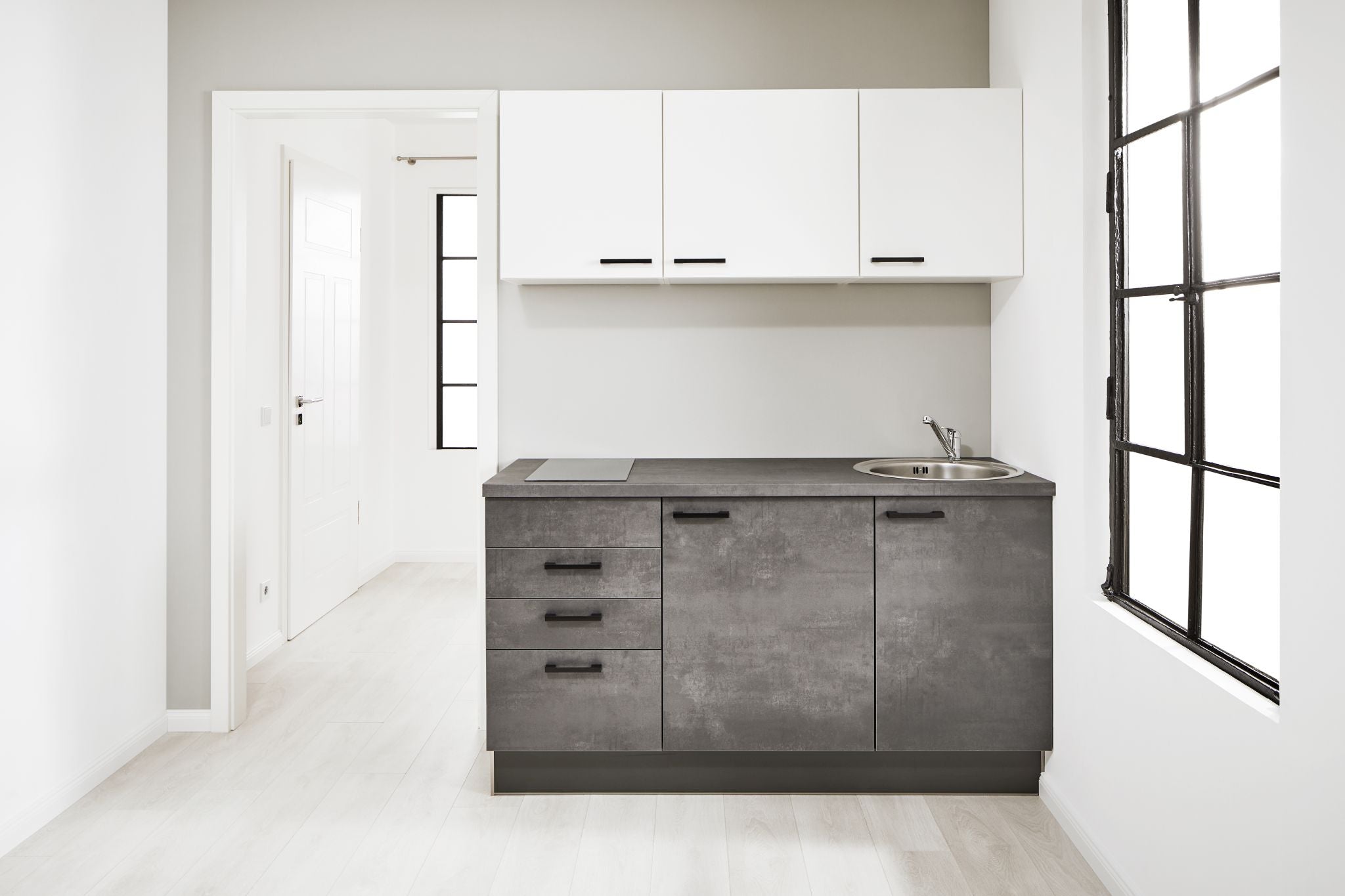 Küchenzeile Single Küche160 cm, Schränke in Weiß und Beton Grafit Pino_Pino_CityKüchen24