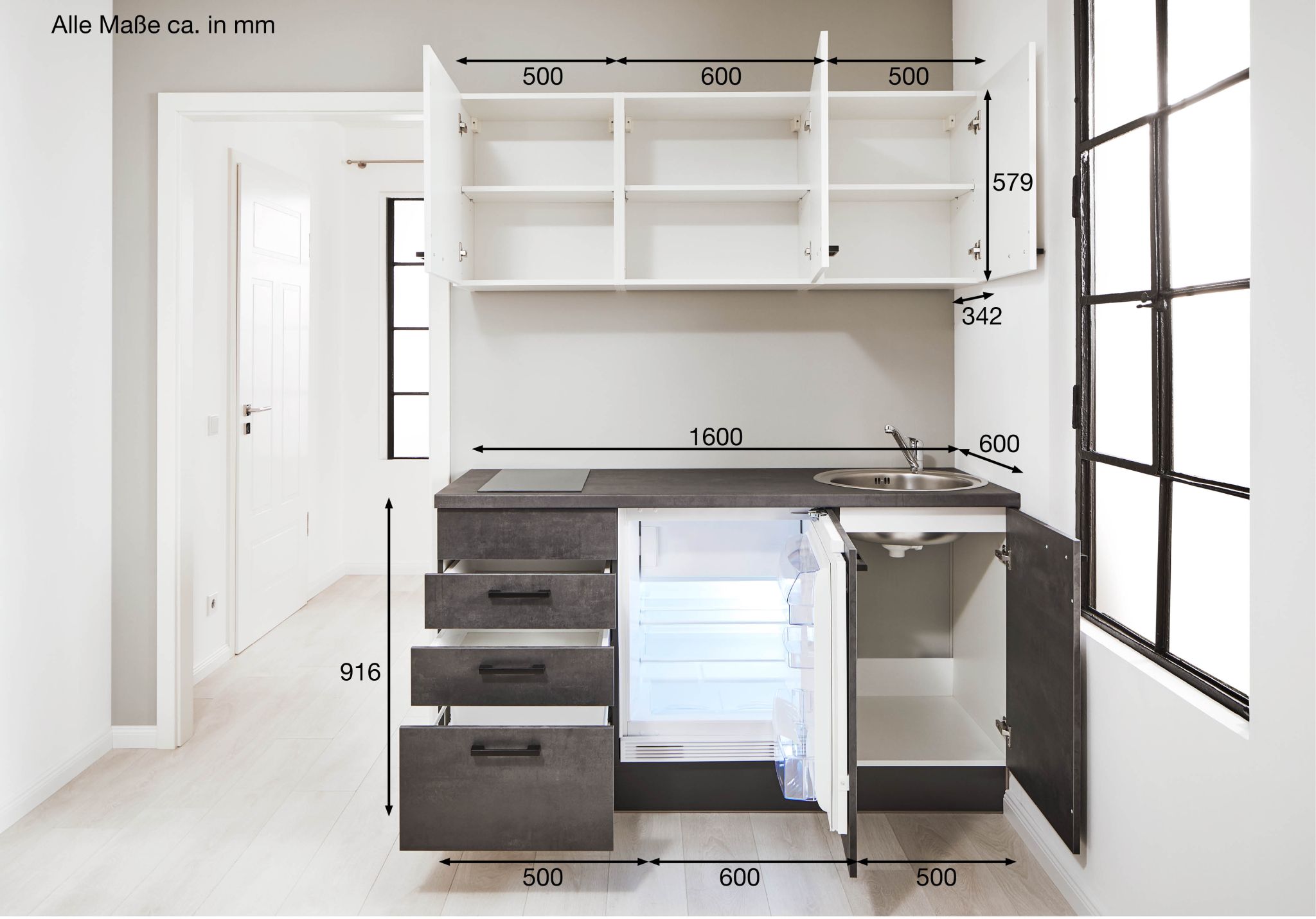 Küchenzeile Single Küche160 cm, Schränke in Weiß und Beton Grafit Pino_Pino_CityKüchen24